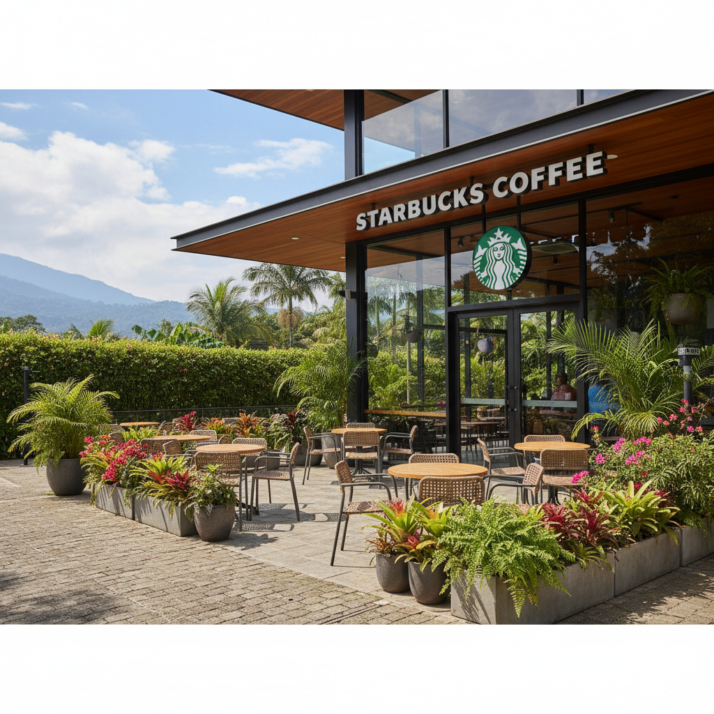 Starbucks coffee shop in Curridabat, Costa Rica, daytime exterior, welcoming and vibrant, recognizable Starbucks signage, lush greenery nearby